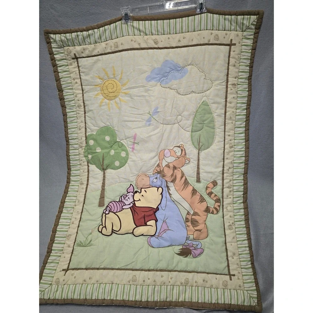 Disney Winnie the Pooh Tigger Eeyore Piglet Baby Crib Quilt Blanket Green Cream